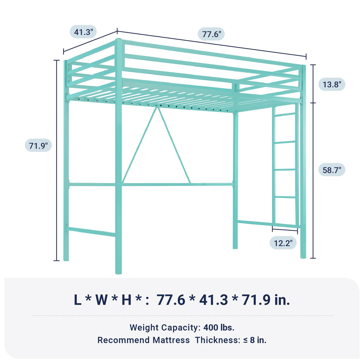 Allewie Metal Loft Bed Twin Size with Guardrail and Ladder, Small Space Saving Design for Bedroom Kid Room and Dorm, No Box Spring Needed, Green Allewie