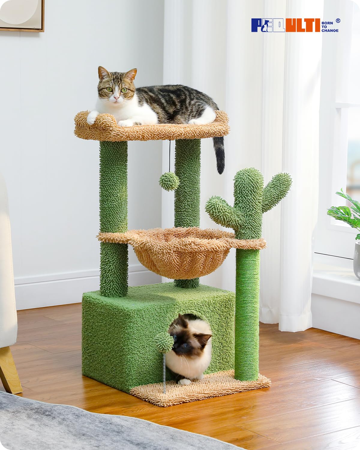 PEQULTI 4-in-1 Cactus Cat Tree, 33'' Cat Tower for Indoor Cats with Large Condo, Cat Scratching Post for Cats with Deep Hammock& Cozy Top Perch,Green PEQULTI