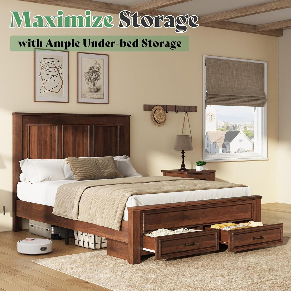 AMERLIFE Farmhouse Full Size Bed Frame with 52.2" Tall Headboard & Footboard, Wood Platform Bed Frame with 2 Large Storage Drawers, Noiseless, No Box Spring Needed, Rustic Brown AMERLIFE