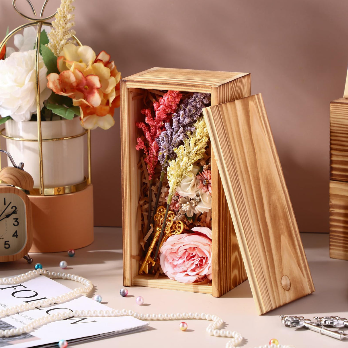 Suzile 6 Pcs Unfinished Wood Boxes, 8 x 4 x 3.15 Inch Small Wooden Box with Lid Wood Craft Box Small Rectangle Wooden Crates for DIY Birthday Party Favor Gift Supplies(Dark Brown) Suzile