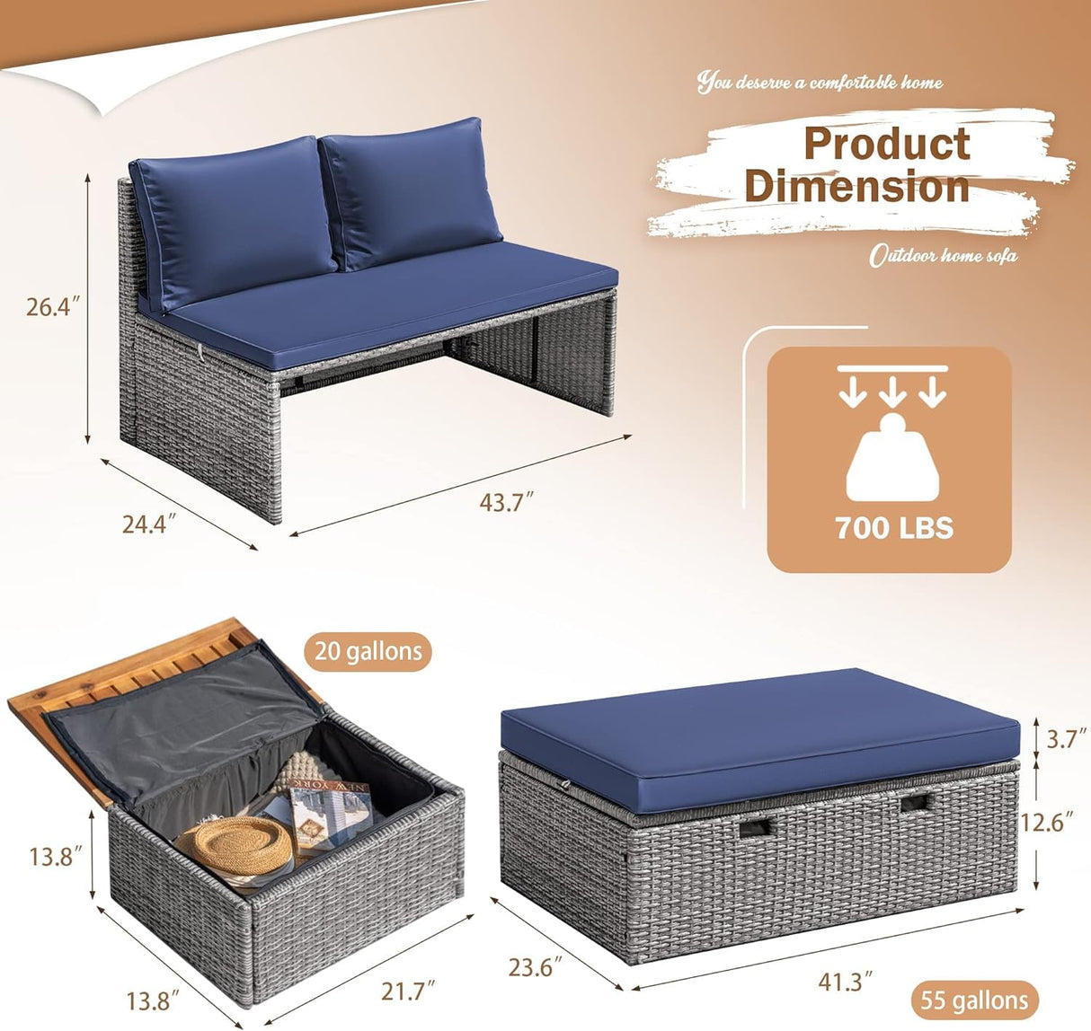 Devoko Patio Day Bed Outdoor Daybed Set Multifunctional Rattan Lounge Bed with 2 Side Tables for Backyard Porch Poolside Lawn Beach (Navy Blue) Devoko