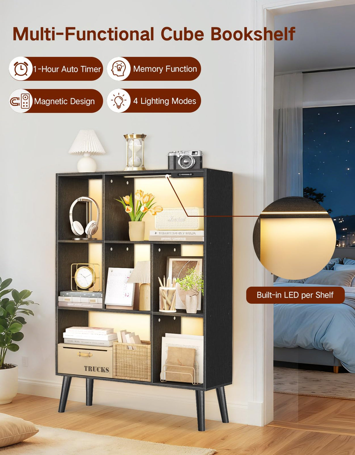 OUTONLIFE 7-Cube Bookshelf with LED Lights, Touch & Remote Control, Freestanding Open Bookcase Storage Shelf, Dimmable Modern Wooden Display Organizer with Legs for Living Room, Bedroom, Office(Black) OUTONLIFE