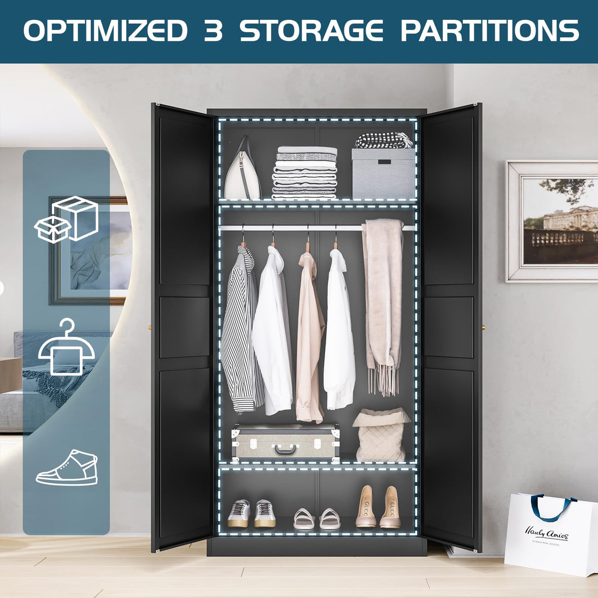 MIIIKO Wardrobe Closet with 2 Doors, 72" Metal Wardrobe Cabinet with Hanging Rod, Bedroom Armoires Laundry Room and Office Clothes Storage Organizer Cabinets Black MIIIKO