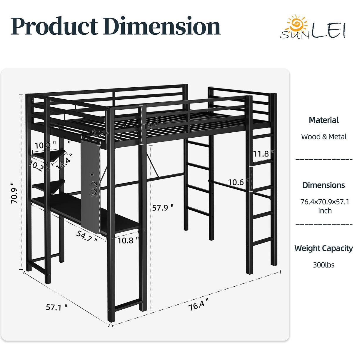 SUNLEI Loft Bed Full Size with Desk and Safety Guard Rail, Full Size Metal Bed Frame with Double Layer Shelves for Storage, No Box Spring 2 Security Ladders, Midnight Black SUNLEI