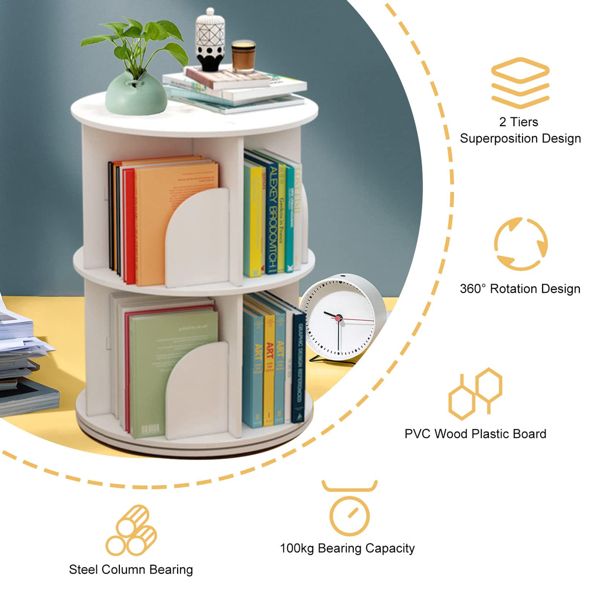 BJTDLLX 360° Rotating White Bookshelf, 2-Tier Freestanding Storage for Home & Office BJTDLLX