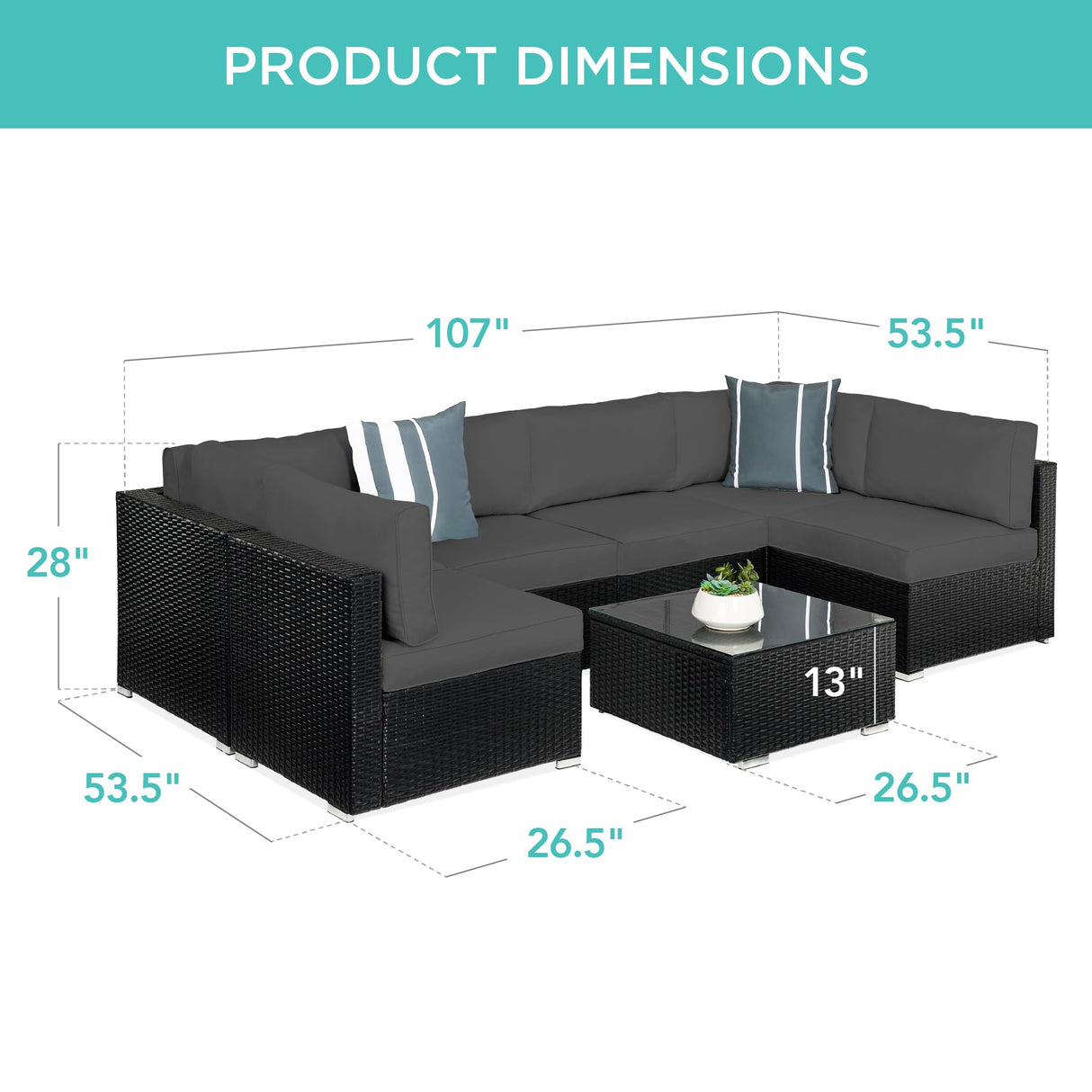 Best Choice Products 7-Piece Modular Outdoor Sectional Wicker Patio Conversation Set w/ 2 Pillows, Coffee Table, Cover Included - Black/Gray Best Choice Products