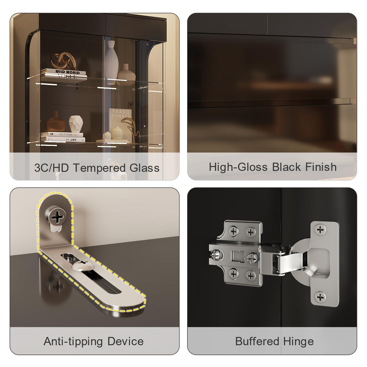 MEISSALIVVE Display Cabinet with Glass Doors, 3-Tier Display Case with 2 Drawers, 70.87''H Curio Cabinet with 7 Color Led Lights for Collectibles, High Gloss, Black MEISSALIVVE