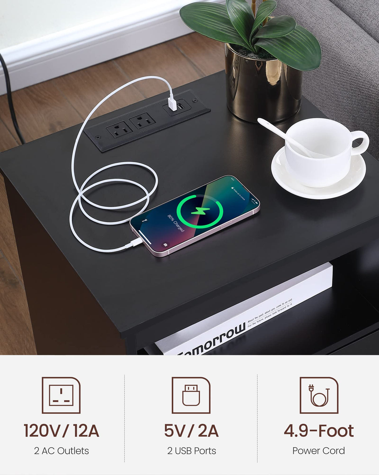 Kavonty Nightstand with Charging Station,End Table with 2 Drawers,Wooden End Table with Drawer and Opening Shelf,Side Table for Bedroom, Black Kavonty