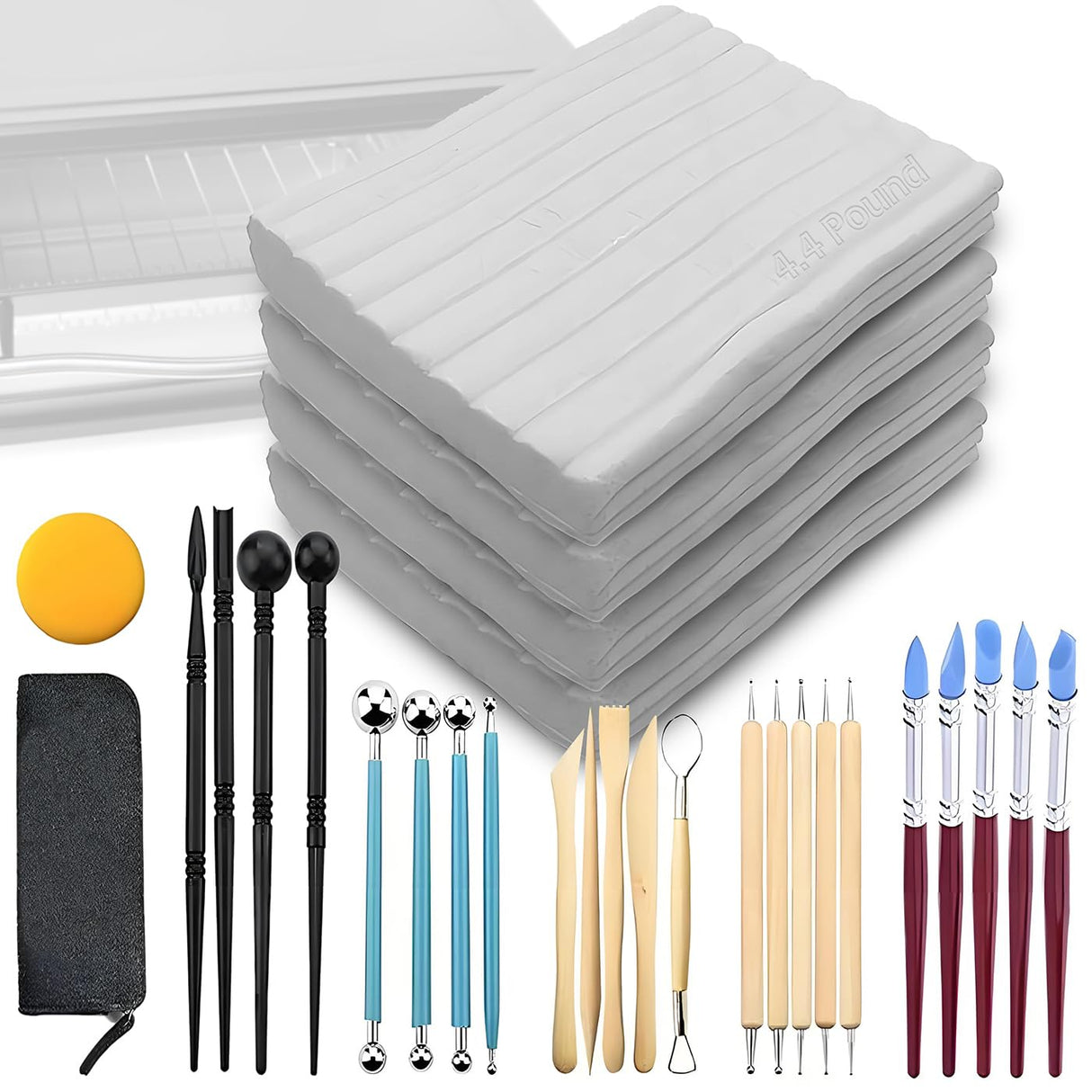 ReArt Oven Bake Polymer Clay White, Non Toxic 4.4Lbs with Pottery Tools & Paint Brushes Great for Modeling, Sculpting, Holiday, DIY Jewelry Making Projects. Great for All Skill Levels (White & Tools) ReArt