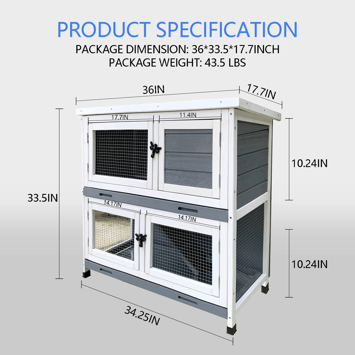 2 Story Solid Wood Rabbit/Bunny Hutch with 2 Large Main Rooms, Indoor Outdoor Rabbit House Guinea Pig Cage Pet House for Small Animals with Ventilation Door Removable Tray Waterproof Roof (Grey) AMZOSS