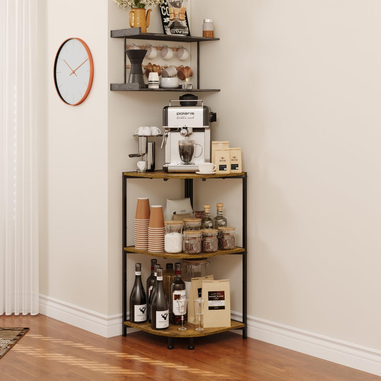 keomaisyto Coffee Bar Cabinet, 3-Tier Corner Coffee Stand with Storage Shelf & 16.34" Countertop, Rustic Wood Coffee Bar Station with Adjustable Feet for Kitchen/Entrance/Living Room/Dining Room keomaisyto