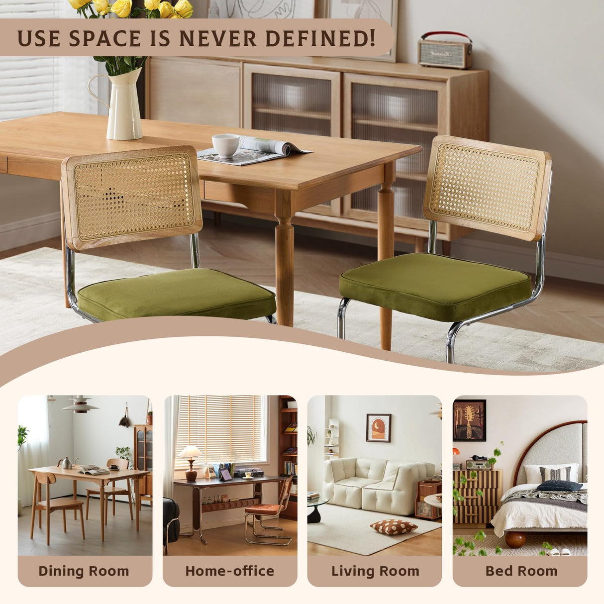 SOARMOTE Rattan Dining Chairs Set of 4,Upholstered Mid-Century Modern Dining Room Chairs with Cane Backrest,Retro Velvet Kitchen Chairs with Stainless Chrome Base,Green SOARMOTE