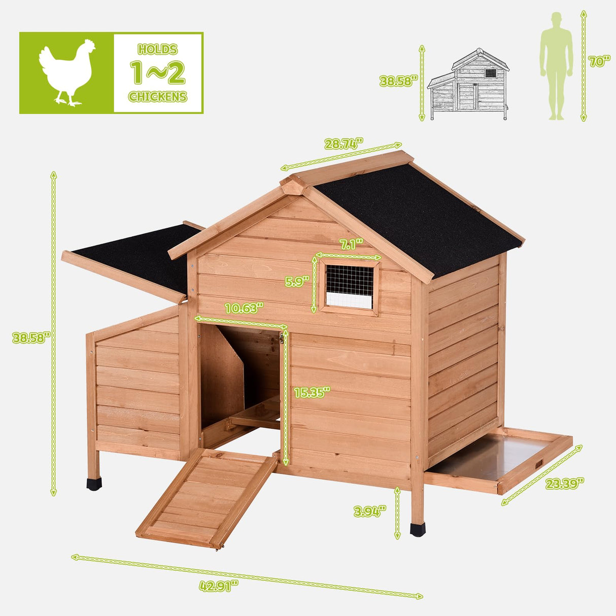 Narkula Outdoor Chicken Coop, Duck House with Nesting Box/Pull Out Tray/Secure Doors, Wooden Small Chicken Cage Weatherproof/Ventilation, 42.91" x 38.58" x 28.74", Brown NARKULA