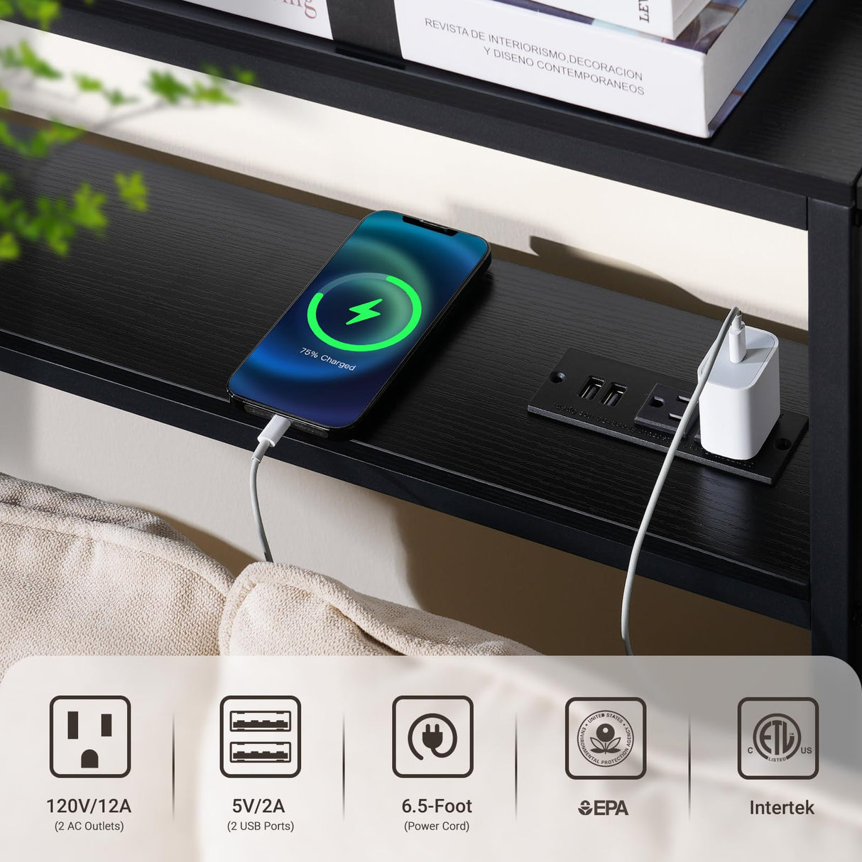 ELYKEN 2 Pack 5.9" Narrow 2-Tier Console Sofa Table with LED Strip Light, 5.9" Dx39.4”Wx39.4”H Long Behind Couch Table with Charge Station, Skinny Table with 6.5’ Extension Cord, Black ELYKEN