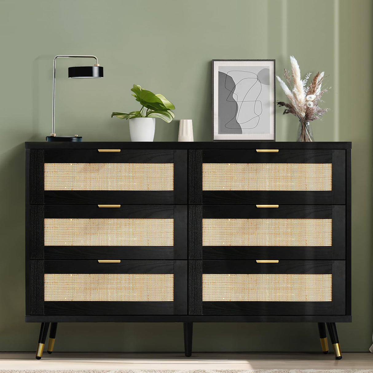 REVOMINCA Rattan Dresser for Bedroom, 6 Drawer Rattan Dresser, Boho Dresser with Gold Handles & Legs, Wood Rattan Chest of Drawers for Bedroom, Storage Drawers for Living Room and Hallway REVOMINCA