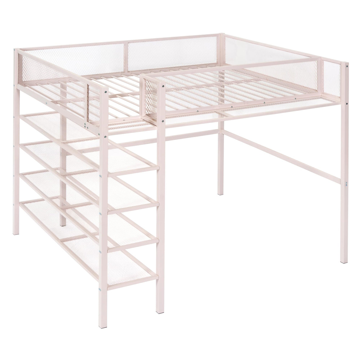 Bellemave Full Size Loft Bed with 4-Tier Shelves and Storage, Metal Loft Bed with Bookshelf, Full Size Loft Bed with Storage Stairs (Pink) Bellemave