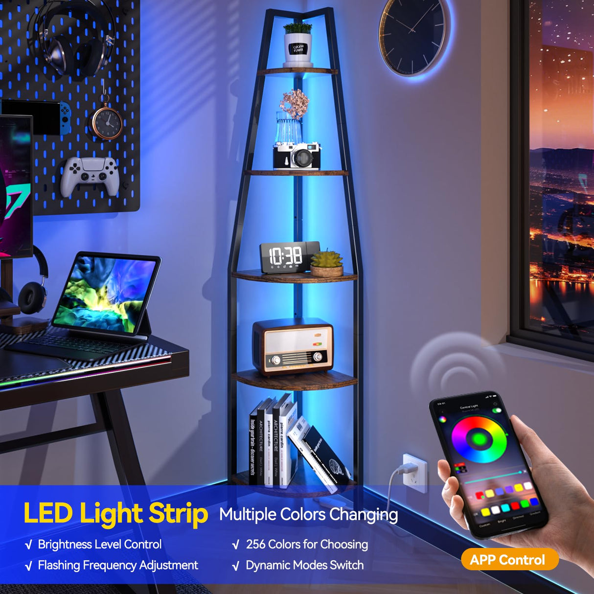 Furnulem 5 Tier Corner Shelf with LED Light, 67.2” Tall Standing Shelf for Wall Corner, Narrow Bookshelf Ladder Shelf for Bedroom, Living Room, Plant, Wood Storage Rack, Metal Frame (Rustic Brown) Furnulem