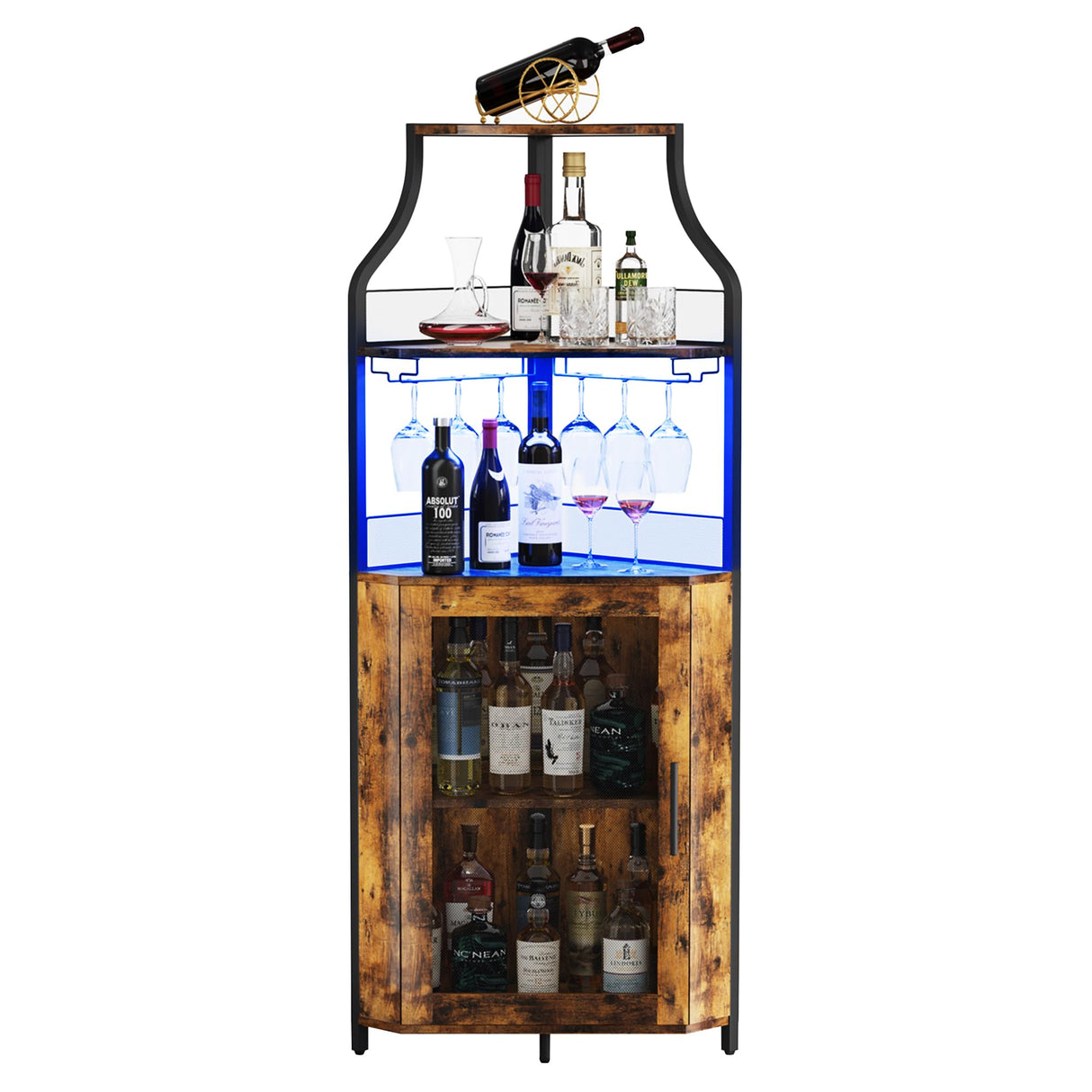 coucheta Corner Bar Cabinet, Wine Bar Cabinet with Led Lights and Adjustable Shelf, Corner Liquor Cabinet with Glass Holder and Storage Space, Rustic Brown coucheta