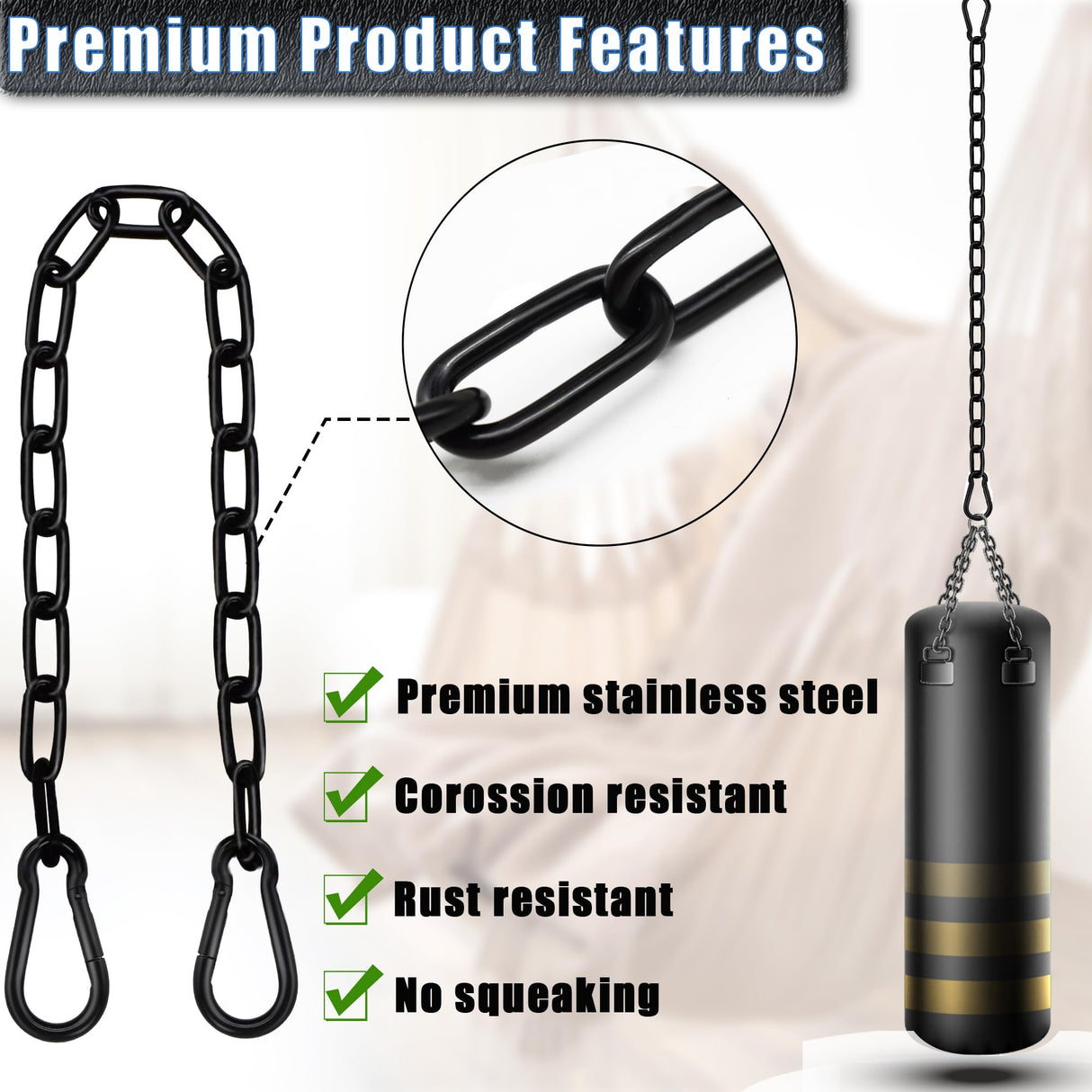 Gelury Hanging Swing Chain 25.6In, 2 Pack Heavy Duty 1000LB Capacity, Hammock Extender Kit With 4 Carabiners for Punching Bags, Swing Chairs (2Pack, Black) Gelury