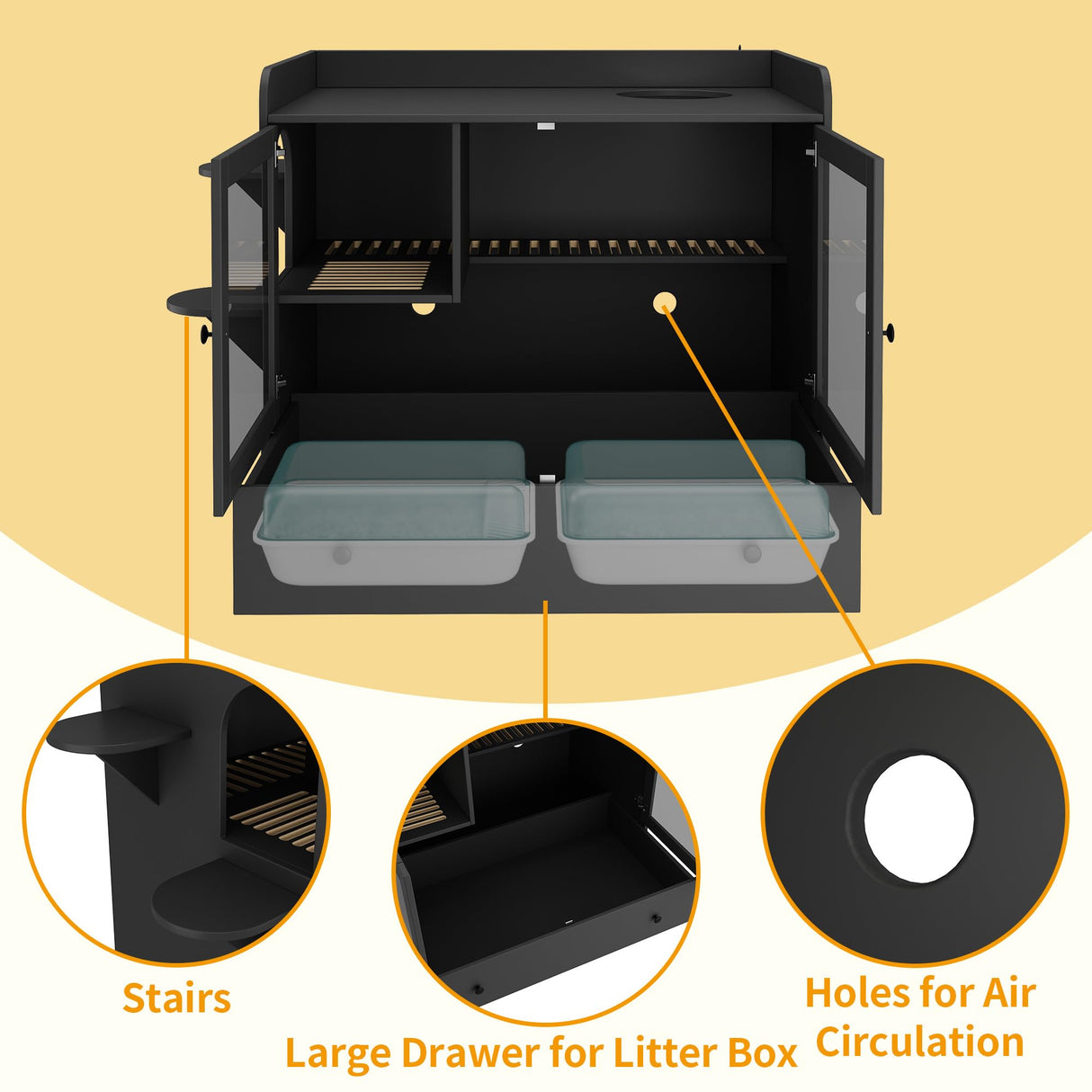 DAWNSPACES Extra Large Cat Litter Box Enclosure Furniture Hidden, Cat Condo Cabinet Pet House with Stairs for 2, Nightstand Side Table witha Large Drawer for Living Room, Black DAWNSPACES