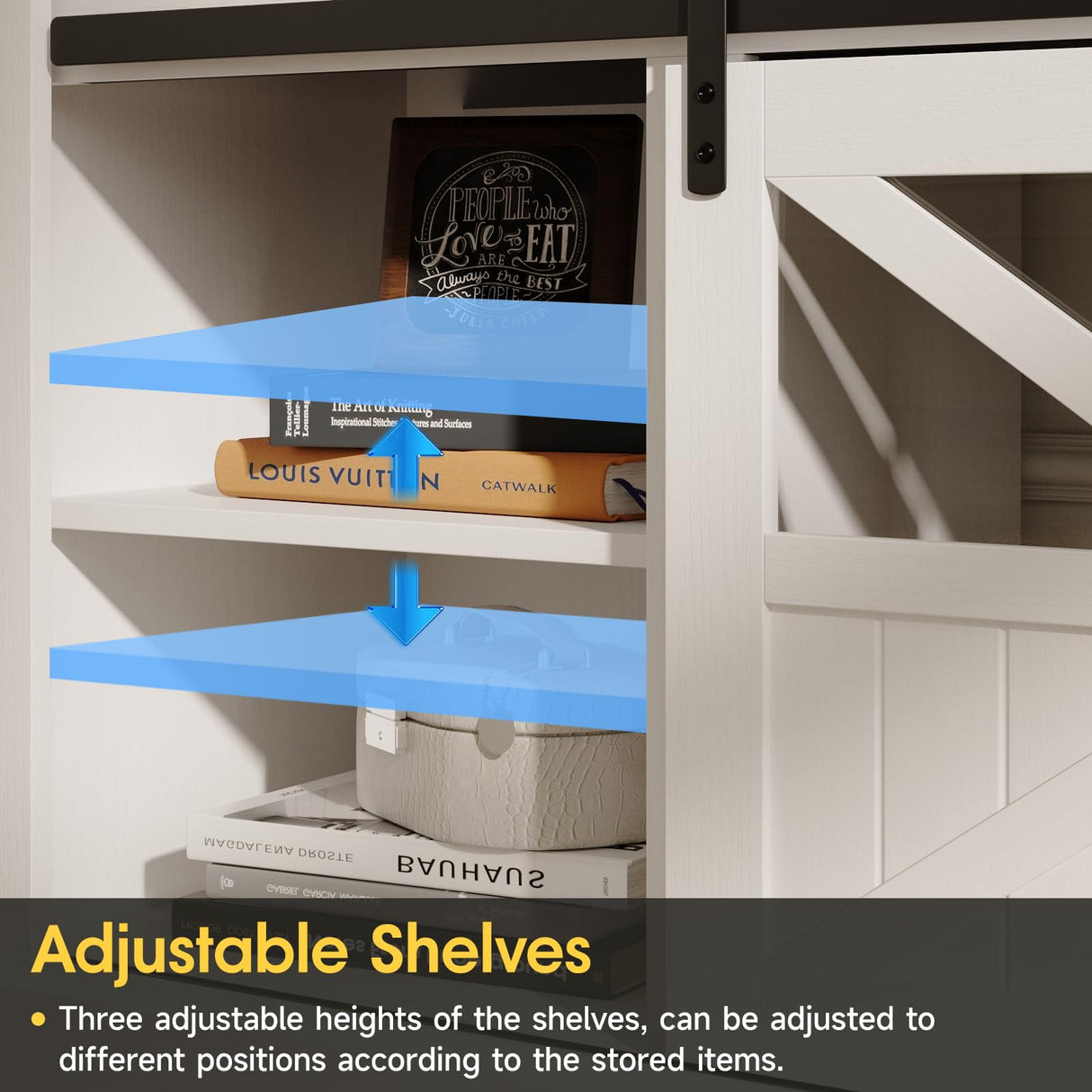 Fameill TV Stand for Televisions up to 65 Inch with Sliding Barn Doors, Glass Media Entertainment Center Storage Cabinet, Adjustable Led Light Farmhouse Console Table, Mid Century Modern White Fameill