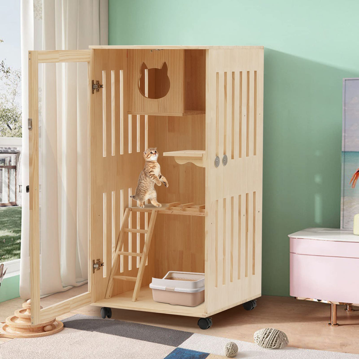 KUMOYOU Wooden Cat House, Large Space Kitten Cage, Enclosure Catio with Ramp and Covered, Lockable Wheels Double Layer Pet Home, Animal Cages for Outdoor Indoor Terrace (Wood, H47.24Inch) KUMOYOU