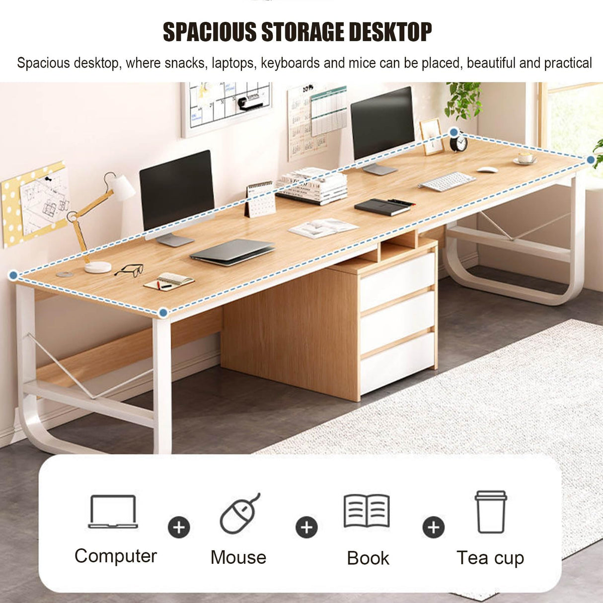 SUZEPER Two Person Desk with Drawers,Extra Long Desk with Storage Cabinet Shelf, Double Computer Gaming Desk, 2 Person Desk Writing Study Desk for Home Office Desk (200x50x73cm(79x20x29inch), A) SUZEPER