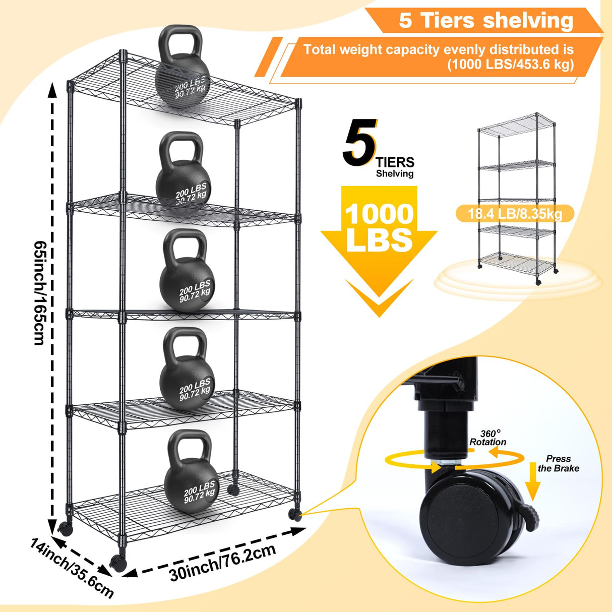 Whitmor Heavy Duty 5-Shelf Shelving Unit, Storage Shelves 1000Lb Capacity for Garage Kitchen Bathroom Bedroom, 30" D x 14" W x 59" H, 5 Tier, Black Whitmor