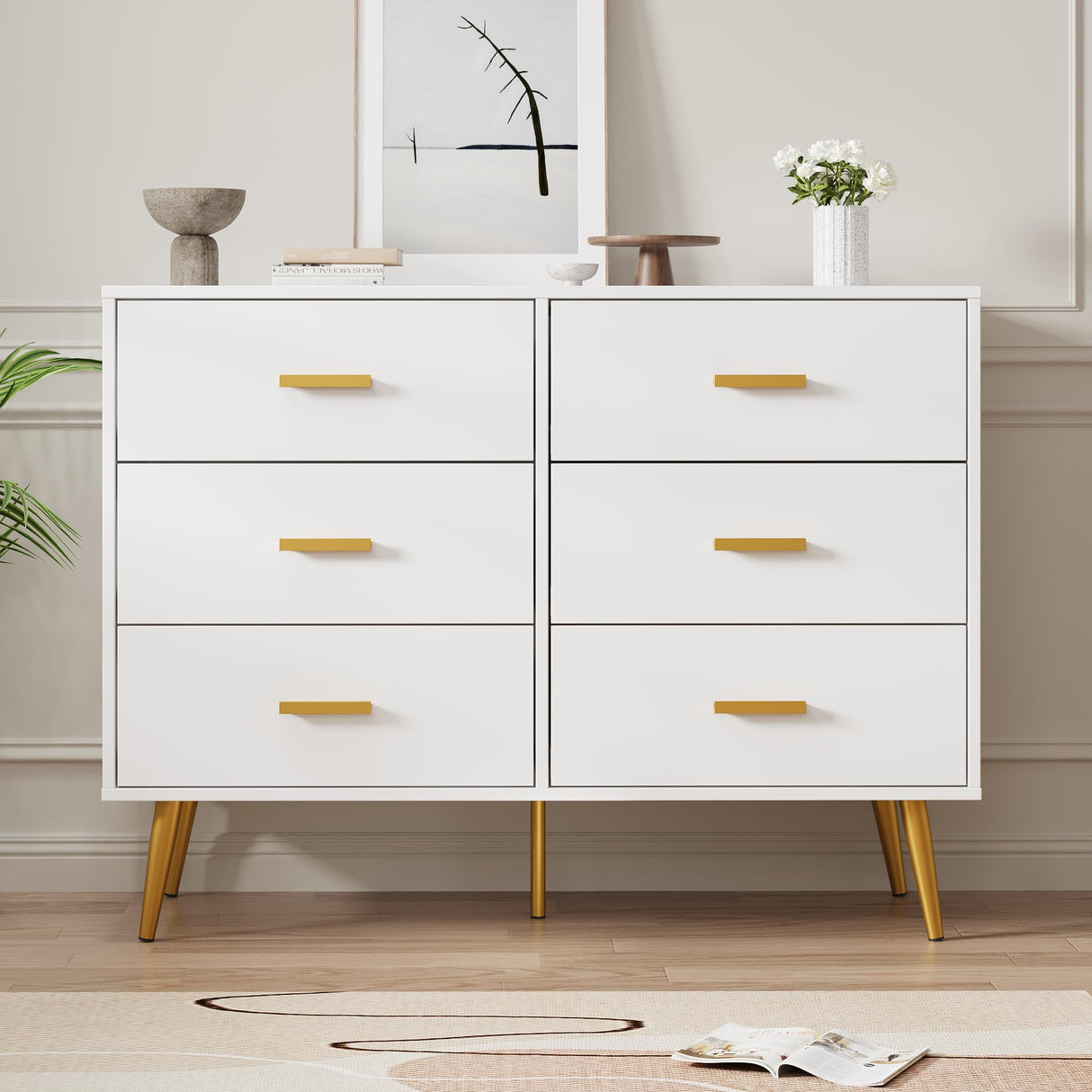 GarveeHome 6 Drawer Dresser, Modern Wooden Dresser with Gold Handles and Storage Space, Chest of Drawers for Bedroom, Hallway, Living Room and Entryway, White GarveeHome