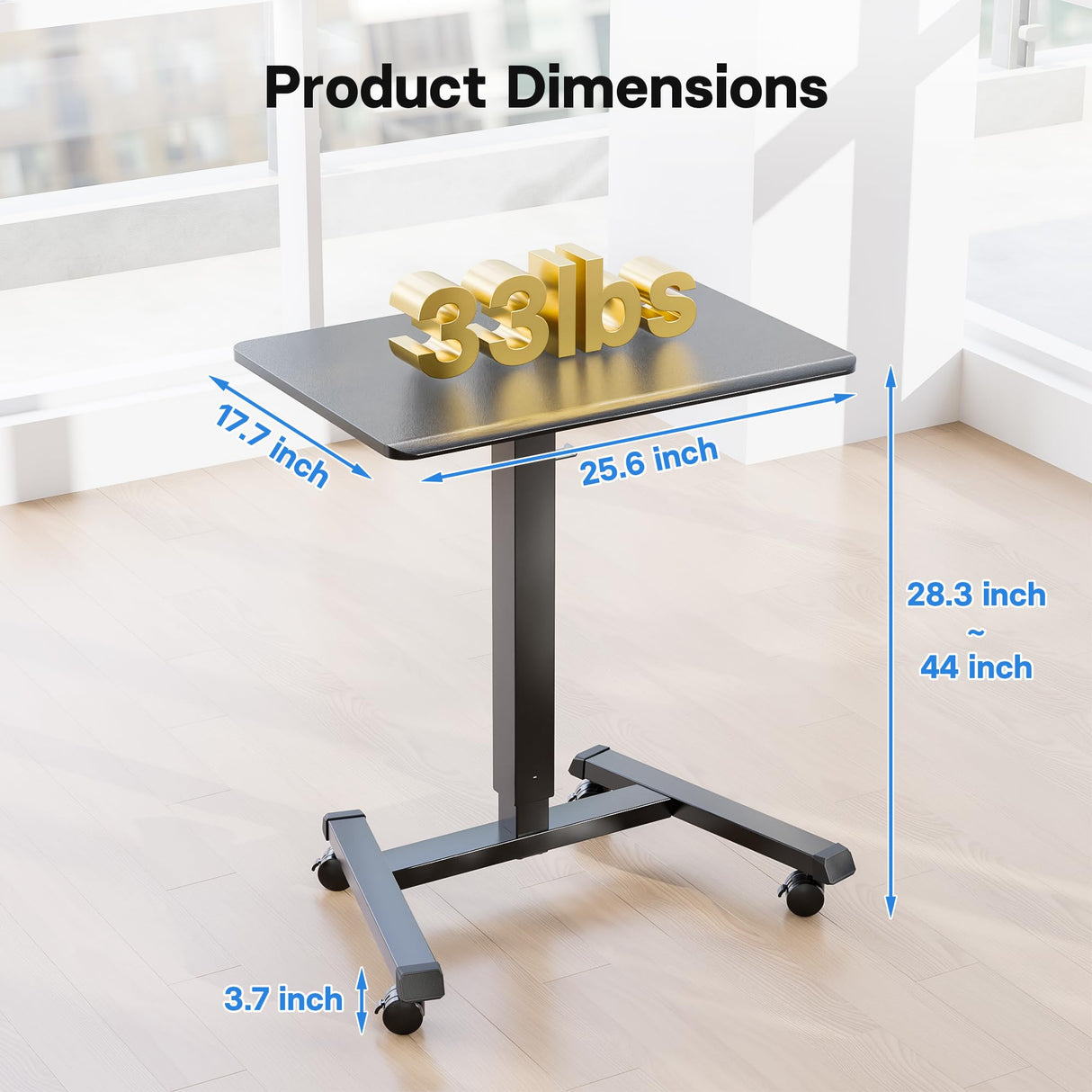 BONTEC 25.6" x 17.7" Gas Spring Mobile Stand Up Desk, Podium, Rolling Standing Desk Up to 33LBS with Wheels and Stoppers, Laptop Standing Desk Height Adjustable, Black BONTEC