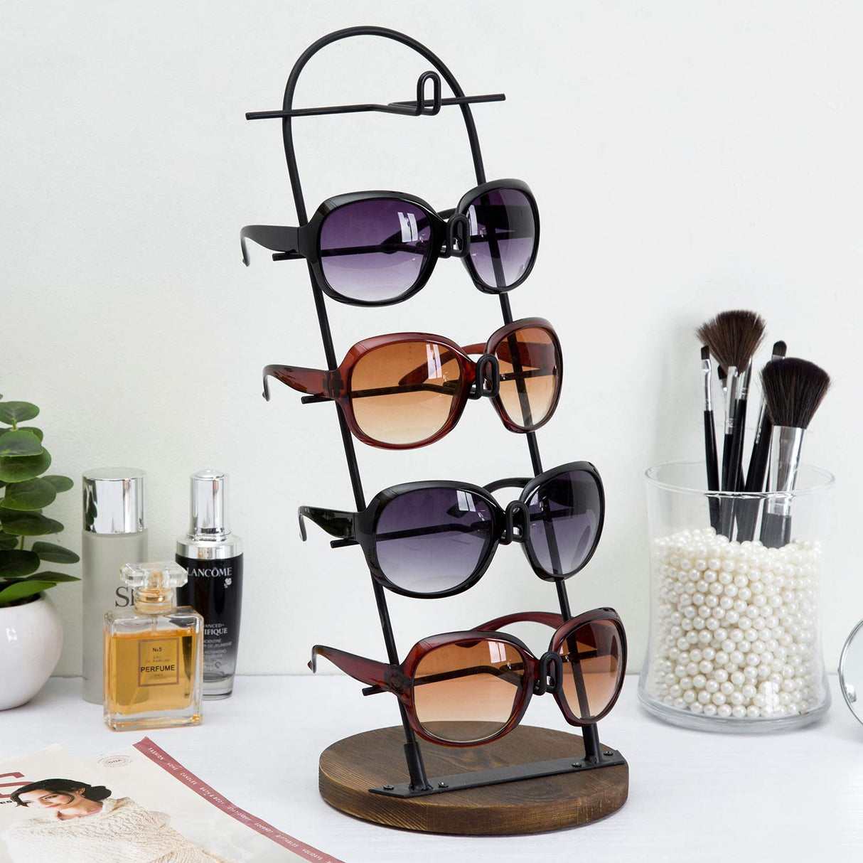 MyGift 5 Tier Black Metal Sunglasses Display Stand Rack Jewelry Organizer Holder for Sunglasses, Eyewear, Glasses with Round Burnt Wood Base MyGift