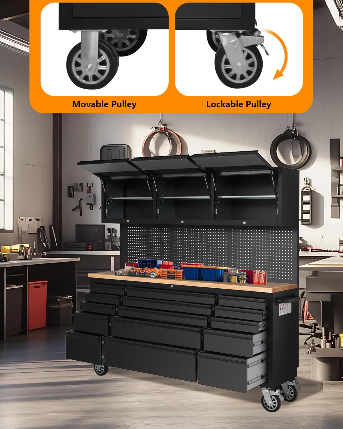 Elementool 72-Inch Heavy-Duty Rolling Garage Workbench with 15 Drawers, 3 Cabinets, Wheels & Pegboard - Steel Frame Tool Chest Storage Solution for Mechanics Workshop Organization, Matte Black Elementool