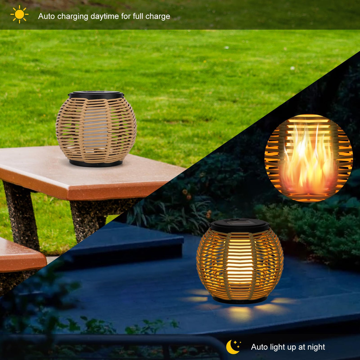 Larekook Solar Lanterns Outdoor Waterproof - Natural Rattan Bamboo Solar Powered Lantern, Dancing Flickering Flame Outdoor Table LED Lamp Auto On/Off Dusk to Dawn for Desk Patio Porch Yard Garden Larekook