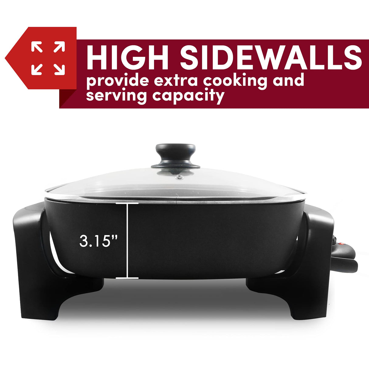 Elite Gourmet EG6201 Extra Deep 12"x12"x3.2" (7.5Qt.) Scratch Resistant Dishwasher Safe, Non-stick Electric Skillet with Glass Vented Lid, Adjustable Temperature, Black Elite Gourmet
