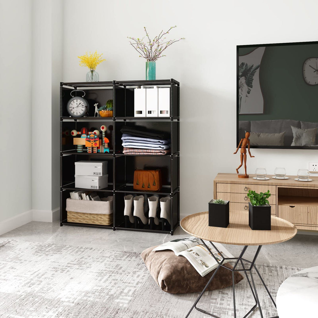 JIUYOTREE 5-Tiers Portable Bookshelf with Fabric Cloth at Back, 8 Cube Closet Storage Organizer Bookcase, Living Room,Study Room,Bedroom, Black JIUYOTREE