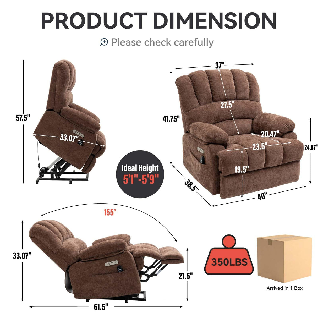 Large Power Lift Recliner Chairs with Massage and Heat for Elderly, Heavy Duty and Safety Motion Reclining Mechanism Chenille Skid Fabric Recliner Chair with USB Ports for Living Room (Dark Brown) MTSVMP