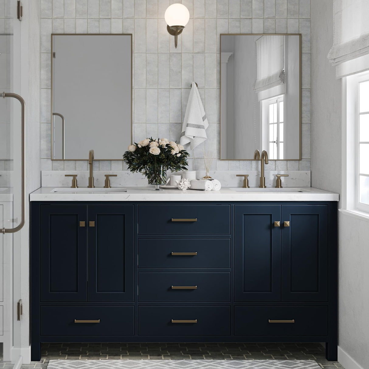 ARIEL Cambridge 72" Midnight Blue Double Vanity, 1.5" Edge Carrara White Quartz Countertop & Splash, Rectangular Sinks, 4 Soft Closing Doors, 6 Full Extension Dovetail Drawers, Satin Brass ARIEL