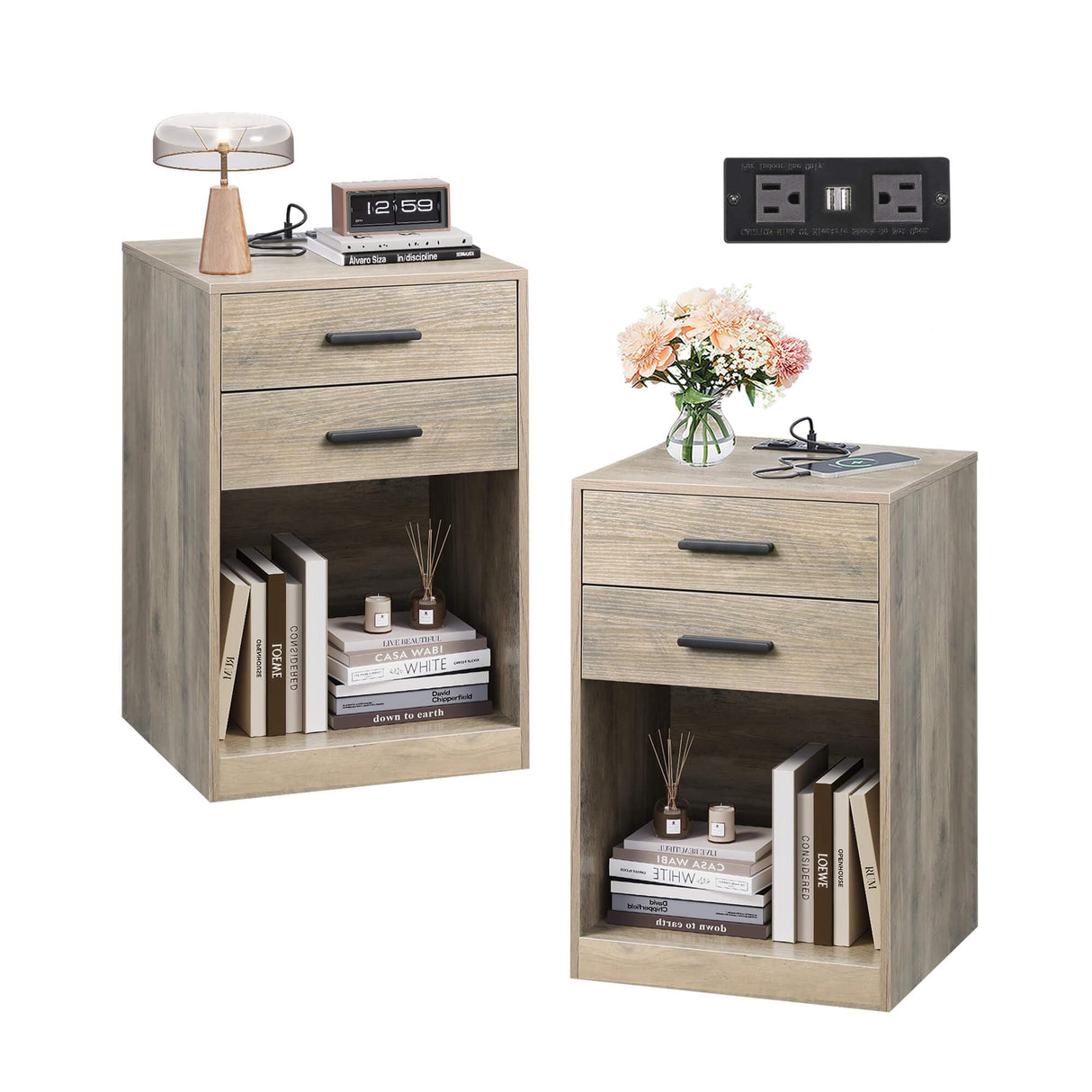 WLIVE Night Stand Set of 2 with Charging Station, Nightstands with Wood Drawers and Open Shelf, Bed Side Tables Living Room, Bedroom, Modern End Table Set 2, Greige WLIVE