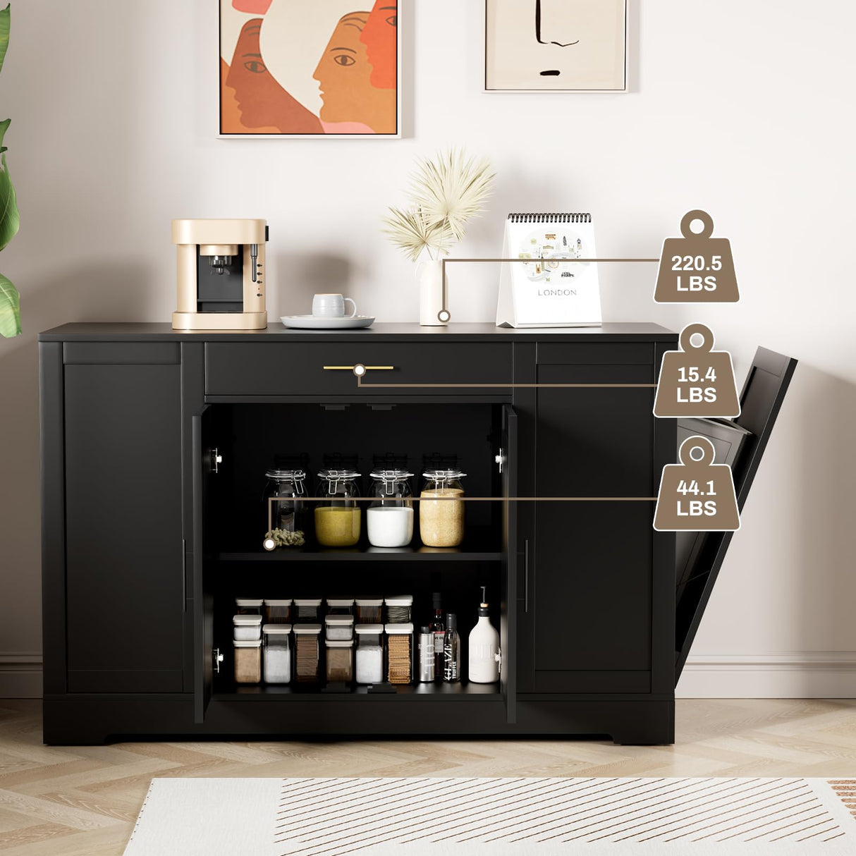 MAMIZO 53" Kitchen Island with Storage, Kitchen Cart W/Tilt Out Trash Can Holder & Solid Wood Top, Breakfast Bar W/3-Layer Side Shelf, Large Storage Cabinet W/Adjustable Shelve, Spice Rack, Drawers MAMIZO