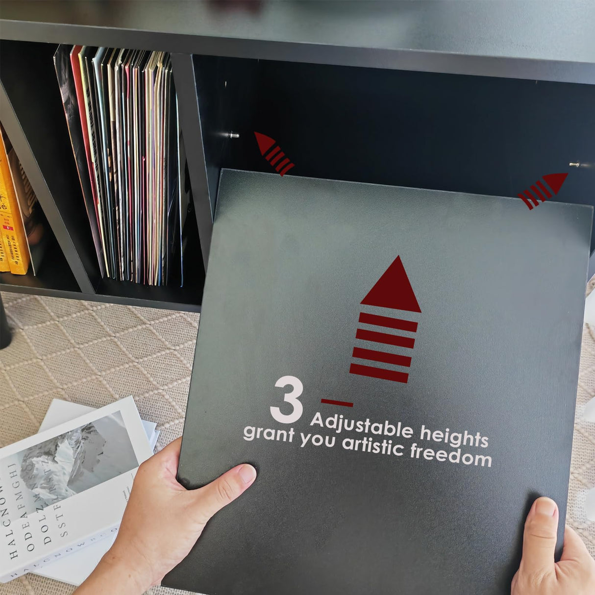 Record Player Stand with Vinyl Storage Holds Up to 300lb, Large Record Player Table Cabinet for Album Storage with Holder Vinyl Display Shelf, Wood Turntable Stand for Bedroom Living Room (Black) LKKRO