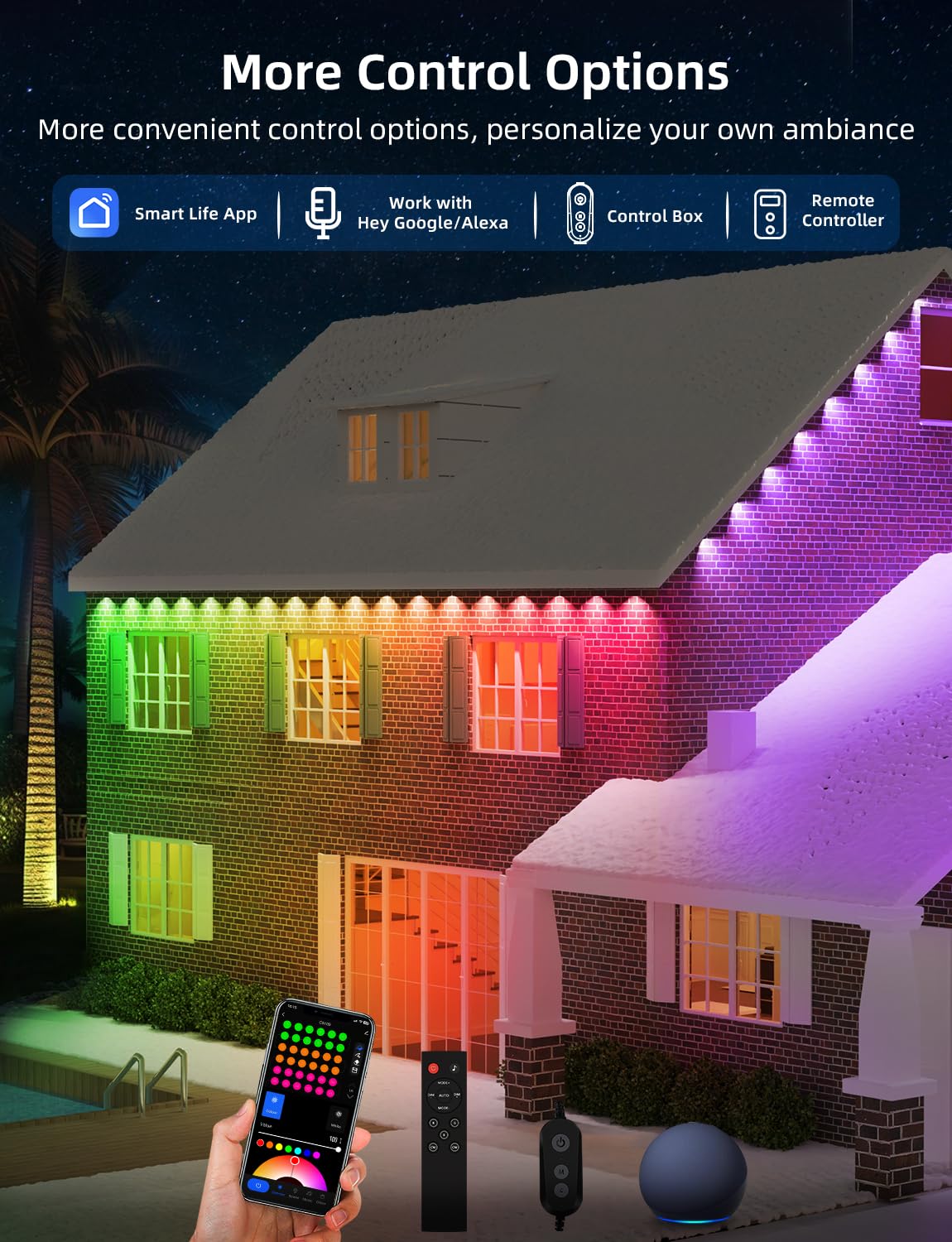 APPECK Permanent Outdoor Lights 100ft with 72 LEDs, DIY Scene Modes, Smart RGBW String Lights Waterproof, App/Remote Control for Christmas, Holidays, Alexa/Google Assistant Compatible, Black APPECK