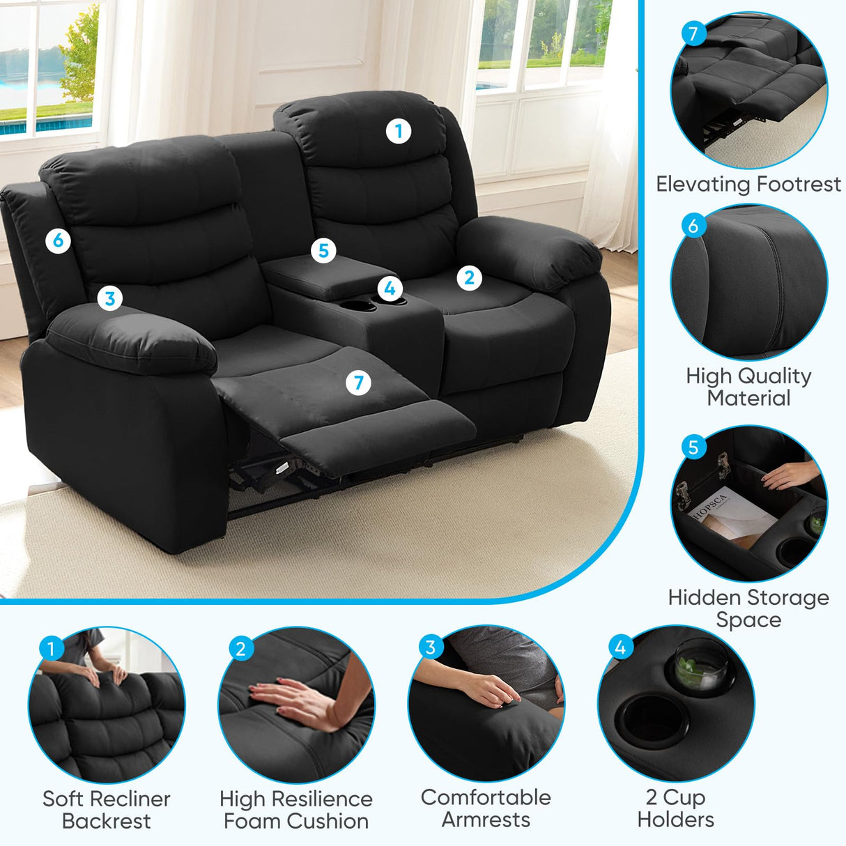 Mjkone Recliner Home Theater Seating, 3 Seater Reclining Couch Sofa & Loveseat & Chair Sets, 6 Seat Manual Control Reclining Living Room Set, Double Love Seat Recliner Sofa Couch Set, Dark Grey Mjkone