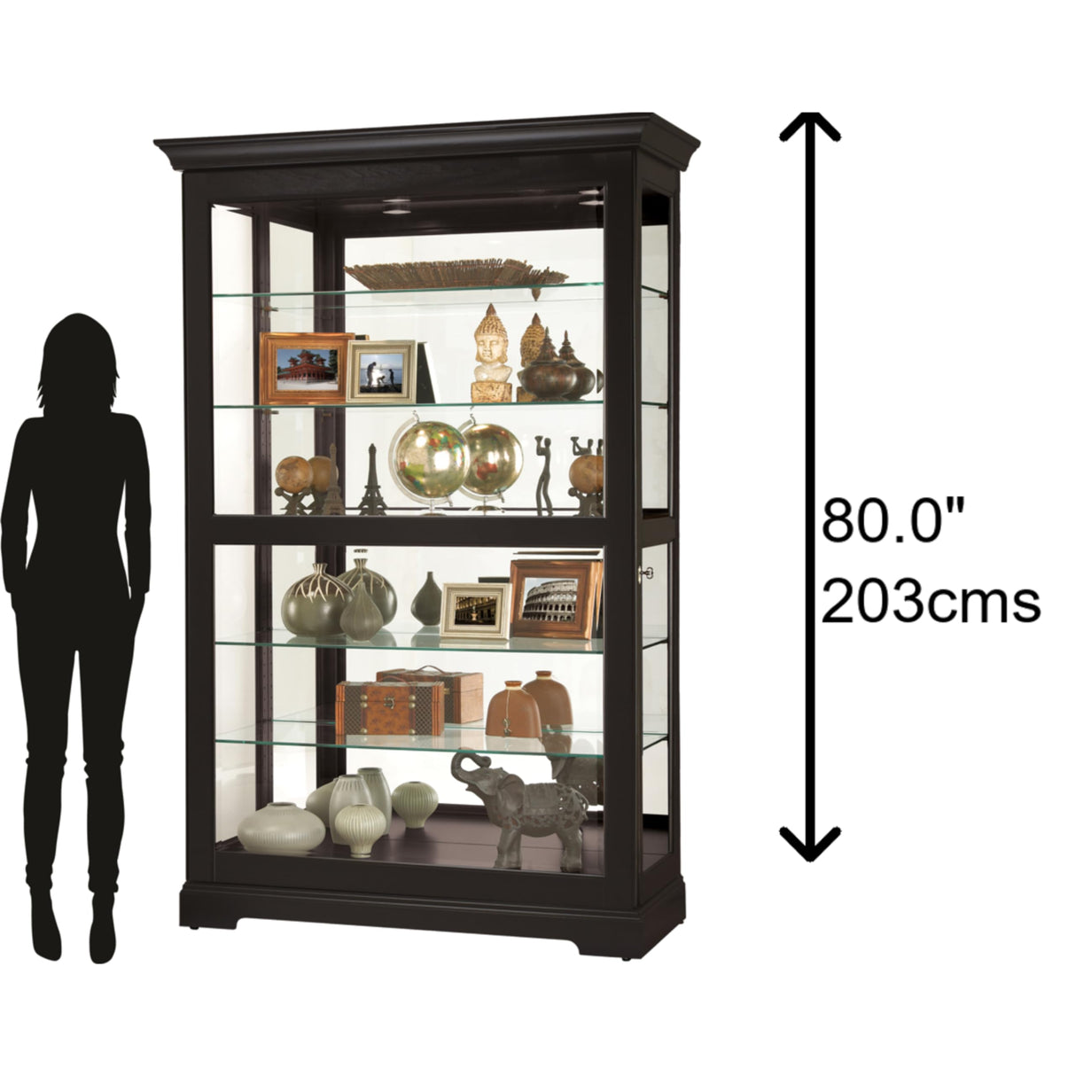 Howard Miller Kane II Curio Cabinet - Showcase Black Finish Adjustable Shelves & Levelers Illuminated Interior Lightning, Lockable Door Perfect for Living Room Office and Room Decor Howard Miller