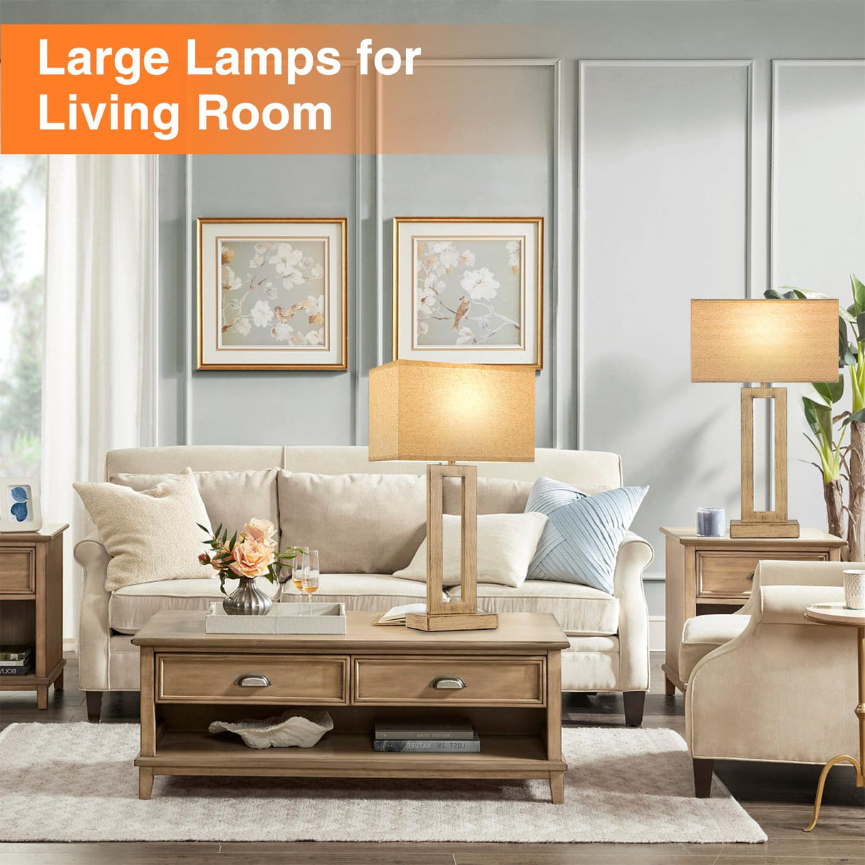 22" Tall Living Room Lamps for Night Stands - Touch Bedside Lamp with USB C+A, 3 Way Dimmable Bedroom Lamps for End Tables Set of 2, Modern Night Stand Lamps(Beige&Wood-Like) Seealle