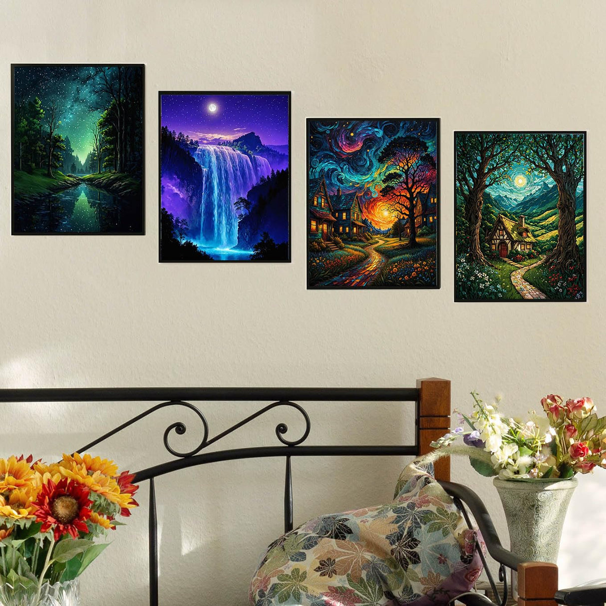 Lovepefe Starry Sky Paint by Numbers Kit for Adults, 4 Pack Country Night Paint by Number Kits for Beginner Moon Acrylic On Canvas DIY Oil Painting Kit for Gift Home Wall Decor 12x16 Inch Lovepefe