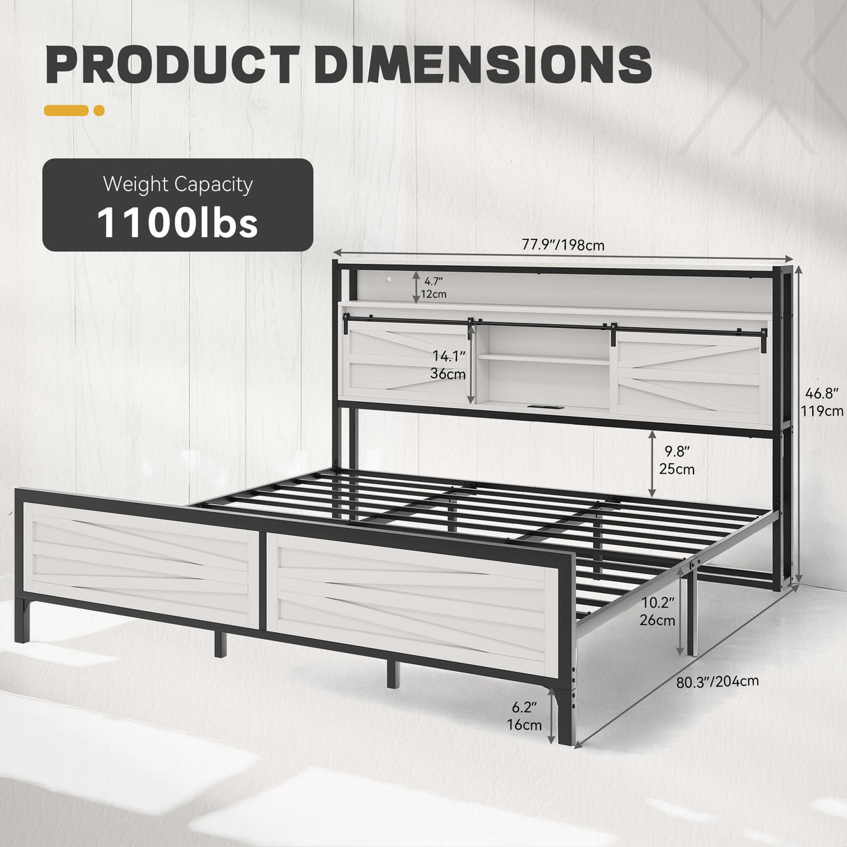 YITAHOME Farmhouse King Bed Frame with Storage Bookcase Headboard, Platform Bed Frame with LED Lights and Charging Station, Sliding Barn Door, Solid Metal Slats, No Box Spring Needed (White) YITAHOME