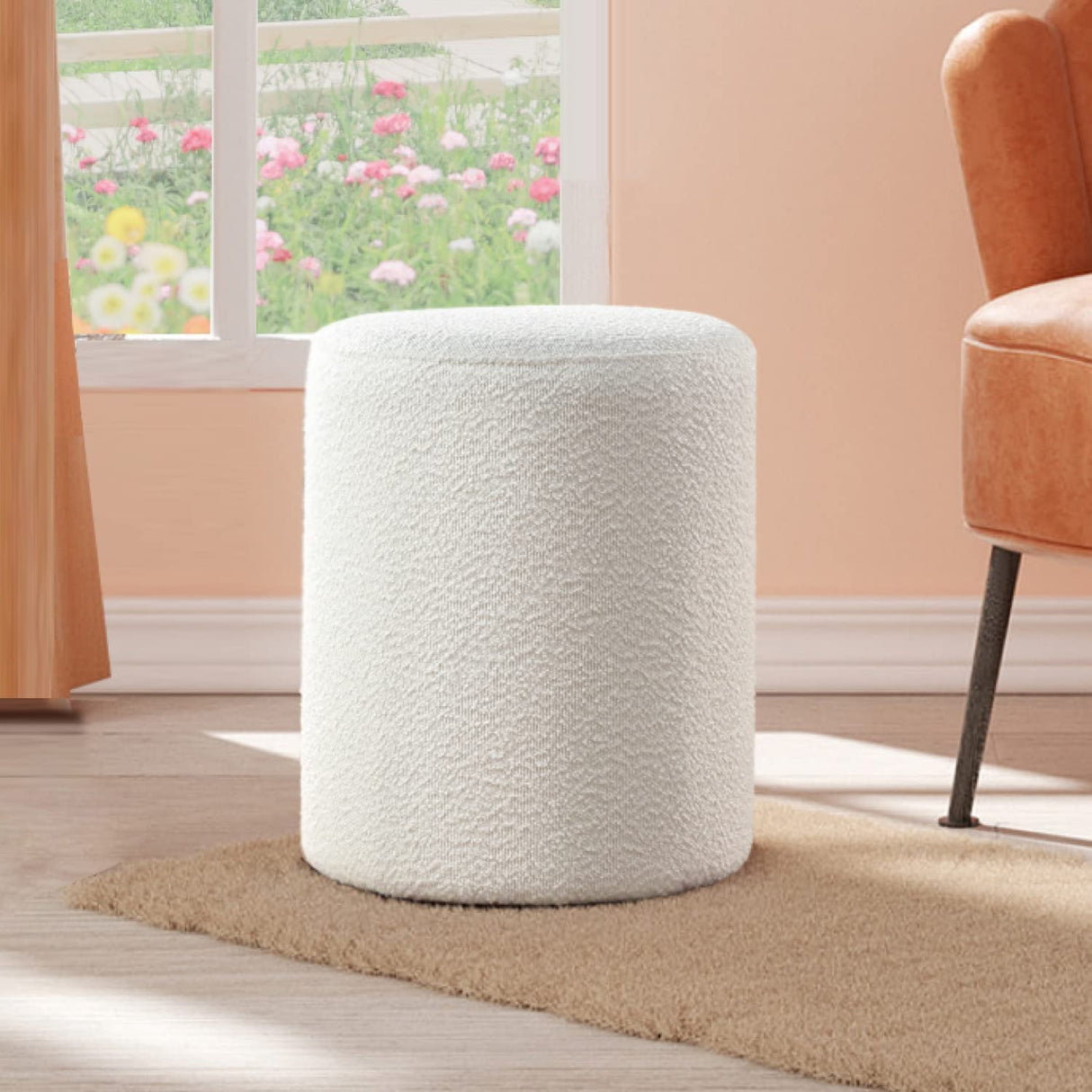 Get Set Style Modern Round Ottoman with Soft Padded Seat, Multifunctional Vanity Chairs for Makeup, Upholstered Footrest Stool Ottoman Foot Stool for Living Room, Bedroom, boucle, White Get Set Style