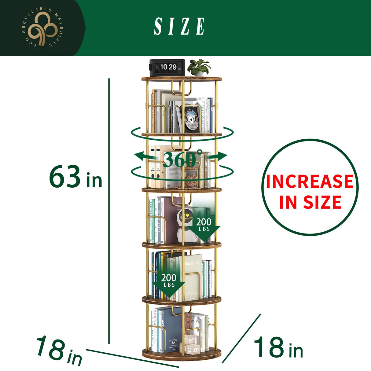 5Tier Rotating Bookshelf, 360 ° Display Stackable Spinning Bookshelf Tower, Narrow Space Saving Tall Floor Standing Swivel Bookcase Corner Storage Organizer for Bedroom/Living Room/Office,Gold swlongbooks
