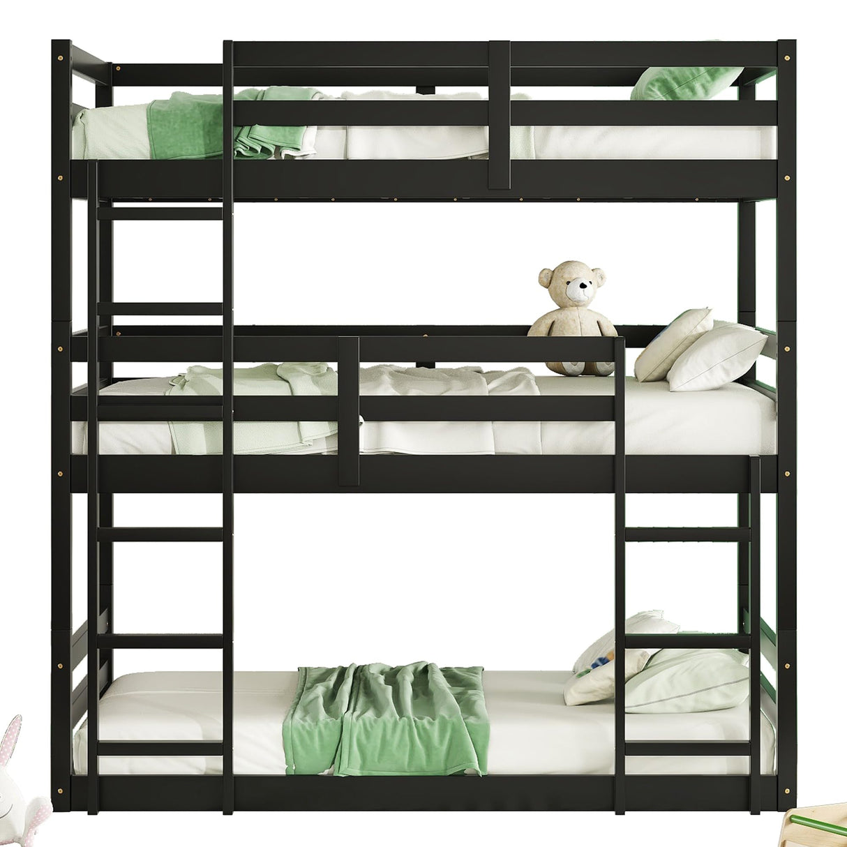 Hommoo Triple Bunk Bed Twin Over Twin Over Twin Wood Bed Frame Convertible Loft Bed for 3 Teens Adults with Ladder and Guardrail for Small Space Bedroom Dorm Black Hommoo