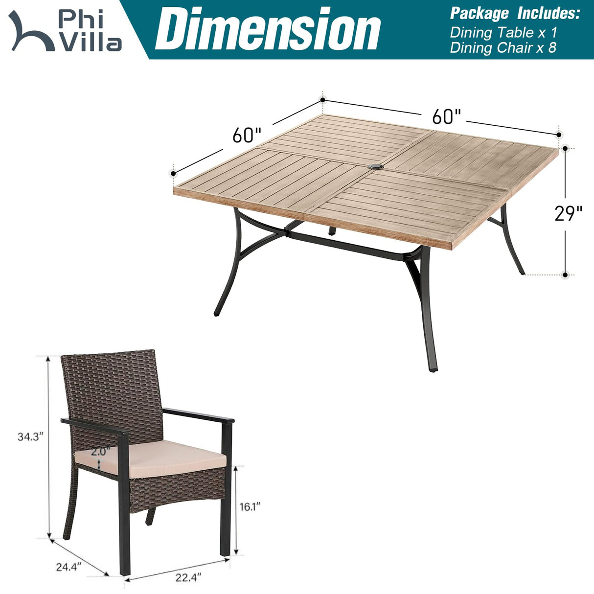 PHI VILLA 9 Pieces Patio Dining Set for 8, 60” Wood-Like Large Square Metal Steel Dining Table & Rattan Wicker Chairs with Cushions, Outdoor Dining Furniture for Deck, Yard, Porch PHI VILLA